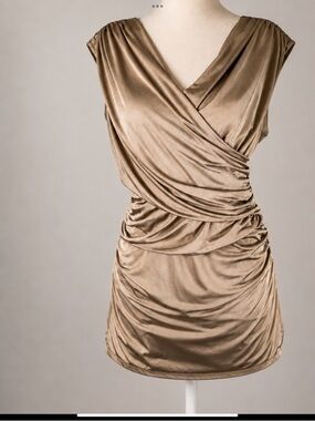 Carmen Marc Valvo Ruched Wrap Blouse Taupe Shimmer Stretch Top Medium